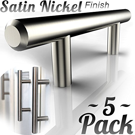 5pk SOLID Stainless Steel, Bar Handle Pull: Fine-Brushed Satin Nickel Finish | 5" Hole Center | Kitchen Cabinet Hardware / Dresser Drawer Handles By: Alpine Hardware