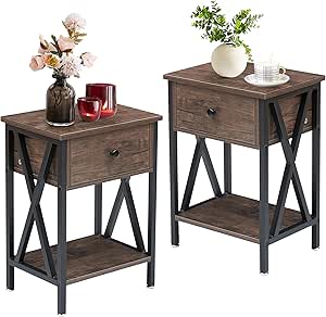 VECELO End Tables, Modern Nightstand with Drawer & Shelf, Night Stand for Bedroom Living Room,Industrial Metal Frame