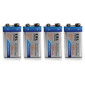 EBL 280mAh 9 Volt Ni-MH Rechargeable 9V Batteries, 4 Pack