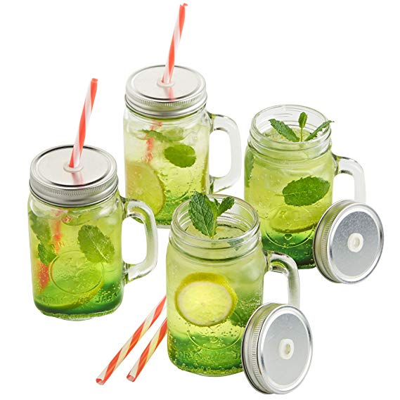 VonShef Set of 4 Mason Glass Drinking Jars Set 15 Ounce Glasses with Reusable Straws, Twist Lids and Handles
