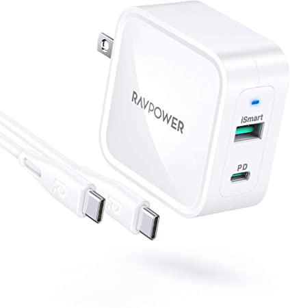 65W USB C Charger for MacBook Pro Air, RAVPower 2-Port PD GaN Charger Fast Charging Wall Charger Adapter with 3ft Cable for iPad Pro, iPhone 12 Mini Pro Max, Galaxy S10 S9, Nintendo and More