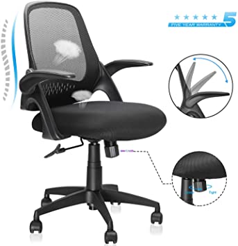 Komene Ergonomic Mesh Desk Chair with Adjustable Height and Flip-up Handrail Computer Chair Home Office, Hip Support Mid-Back Task Chair, Load in 300 lb with Sponge Seat 360°Swivel Comfortable Chair