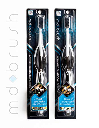 MD Brush - (2) Activated Charcoal Toothbrush Binchotan Bristles, 45° Precision Deep Clean. Whitens Teeth, Removes Plaque, Improves Brushing Technique To Prevent Gum Disease. Floss Tip Bristles. ADA