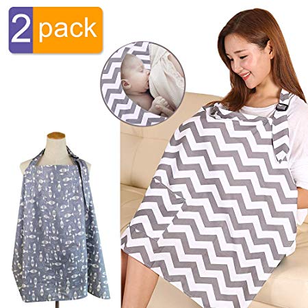 Nursing Cover for Breastfeeding 2 Pack 100% Breathable Soft Cotton Nursing Infants Cover Best Apron Cover Up for Breast Feeding Babies Large Breastfeeding Cover 360° Coverage with Free Matching Pouch