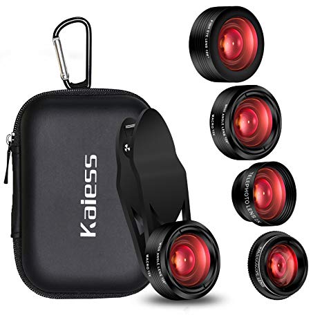 iPhone Camera Lens Kit,5 in 1 Kaiess 120° Super Wide Angle Lens   15X Macro Lens   2X Telephoto Lens   198° Fisheye Lens   Kaleidoscope Lens for iPhone X/8/7/6/6s plus,Samsung and Most Smartphone