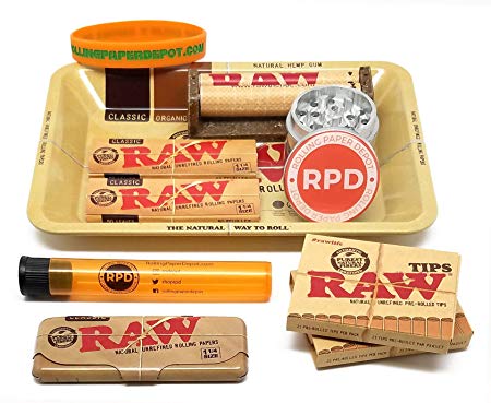 Bundle - 10 Items - RAW Rolling Paper, Pre-Rolled Tips, Paper Case, Mini Rolling Tray and Roller with RPD Grinder and Doobtube