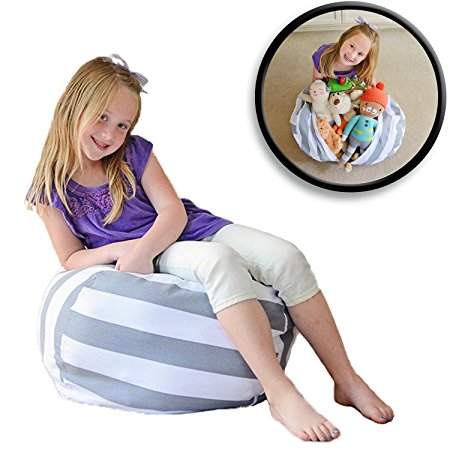 Stuff ’n Sit - The Stuffable Storage Bean Bag - Clean up Your Kid’s Room and Put Those Stuffed Animals to Work for You! - By Creative QT (27" Grey/White Striped)