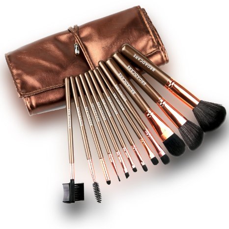 BROADCARE 12 Pcs Professional Cosmetic Makeup Brushes Foundation Blending Eye Lip Face Powder Brushes with Premium PU Leather Travel Pouch (12, Brown)