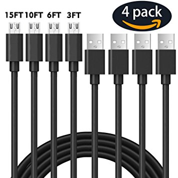 Micro USB Charging Cable,[4 Pack]15FT 10FT 6FT 3FT Extra Long Fast Charger Cord for Samsung S7,High Speed Android Phone Cable for Galaxy S7 Edge/S6,Note5/4,PS4,Echo Dot(2nd Generation),LG G4,Honor 6X