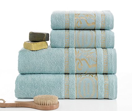 Turkish Bamboo Towel Set , p Bamboo 0 Turkish Cotton, 2 Bath Towels and 2 Hand Towels - Natural, Ultra Absorbent and Ultra Soft (Gift Set of 4) (AQUA BLUE)