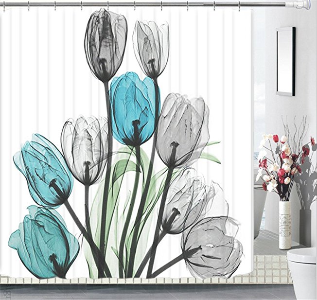 Floral Fabric Shower Curtain Set 72"x 72" Thick Bathroom Curtains,White with Blue Grey Tulip Romantic Air,Waterproof Mold Mildew Resistant Unique Art Designed with 12 Stainless Steel Rings