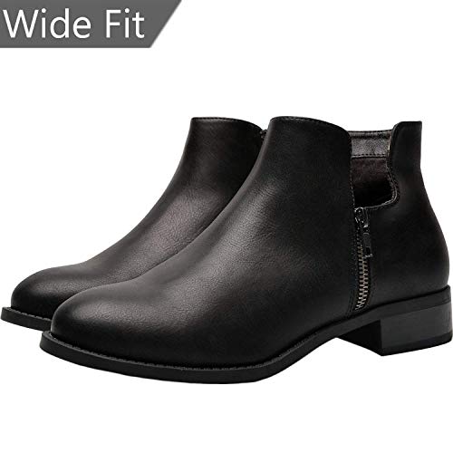 Women's Wide Width Ankle Booties, Chunky Block Low Heel Slip On Side Zipper Short Boots Cozy Comfortable Work Shoes.