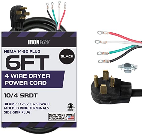 4 Prong Dryer Cord - 6 Ft Dryer Extension Cord Power Plug, 10/4 SRDT, 30 Amp, NEMA 14-30, Black