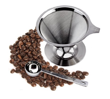 Bailyn 304 Stainless Steel Pour Over Coffee Cone Dripper with coffee scoop, 18/8 double mesh permanant coffee filter and reusable brewer with stand and handle for 1-4 cups coffee
