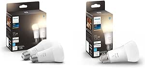 Philips Hue 2-Pack White A19 Medium Lumen Smart Bulb, 1100 Lumens, Bluetooth & Zigbee Compatible,75 watts & White A19 Medium Lumen Smart Bulb, 1100 Lumens, Bluetooth & Zigbee Compatible, 1 Bulb