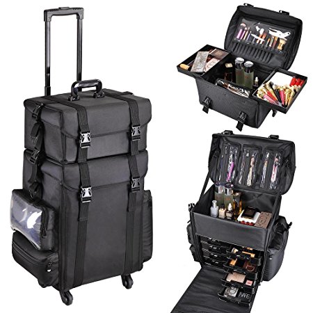 AW 2in1 Black Soft Sided Rolling Makeup Case Oxford Fabric Cosmetic 15x11x25" Train Bag With Drawers