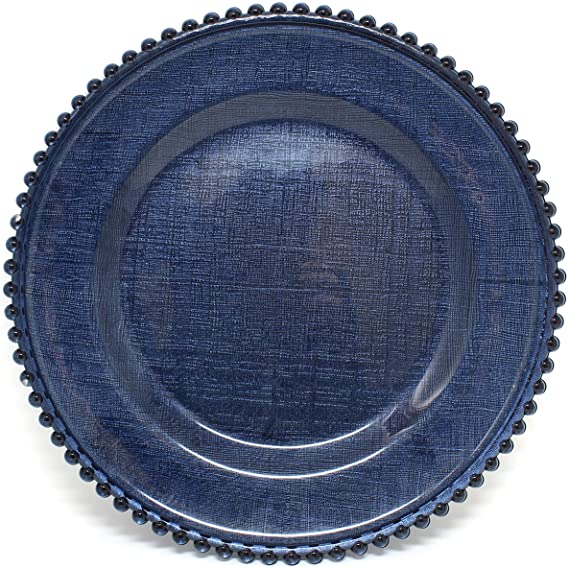 Cross-stitch Pattern Glass Charger 12.6 Inch Dinner Plate With Beaded Rim - Set of 4 - Dark Blue