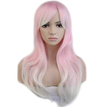 Anime Cosplay Wigs Layered Ombre 24 Inch Long Wavy with Bangs Full Wigs for Women Ladies Costume 6 Styles Pink to White