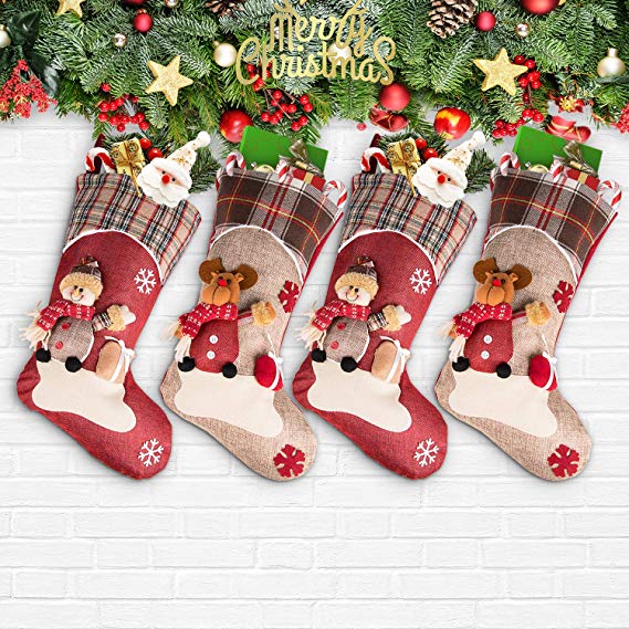 Christmas Stockings, Deyard 18" Set of 4 Snowman, Reindeer, Personalized Xmas Character 3D Plush with Faux Fur Classic Plaid Christmas Decorations and Party Accessories
