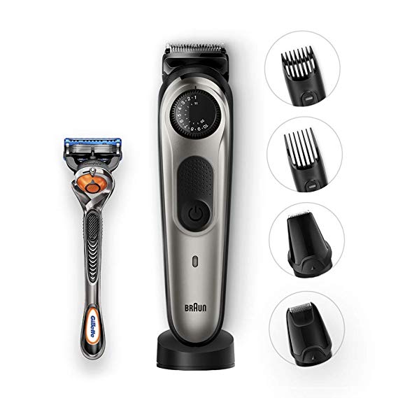 Braun BeardTrimmer BT7040 Beard Trimmer and Hair Clipper, Detail Trimmer and Mini Foil Shaver Attachments, Black/Grey