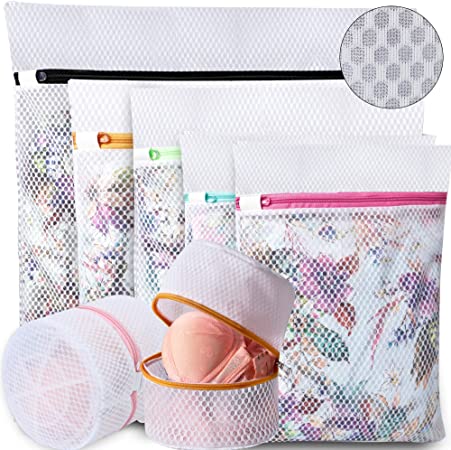 BAGAIL Set of 7 Honeycomb Mesh Laundry Bag for Sweater,Blouse,Hosiery,Stocking,Bras,etc. Delicate Wash Laundry Bags for Travel Storage Organization(7 Set)