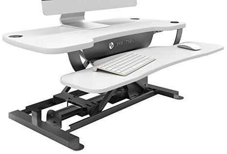 VersaDesk 48" Power Pro by VersaTables - Push Button Motorized Height Adjustable Standing Desk. Electric Desk Riser with Keyboard Tray. Black Frame White Surface.