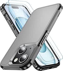 for iPhone 15 Shockproof Case,[15 FT Military Grade Drop Protection],with 2X [Tempered Glass Screen Protector ] with Air Bumpers Full-Body Protective Phone Case,Gray