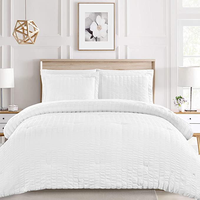 CozyLux Full/Queen Bed in a Bag White Seersucker Textured Comforter Set with Sheets 7-Pieces All Season Bedding Sets with Comforter, Pillow Sham, Flat Sheet, Fitted Sheet and Pillowcase