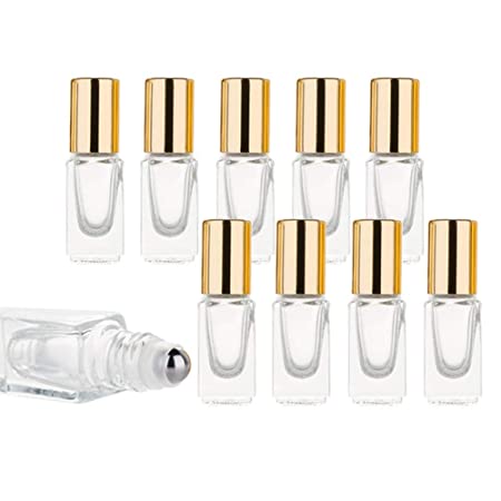 3ml Mini Clear Glass Essential Oil Roll On Bottle Fragrance Perfume DIY Make up Square Shaped Container With Stainless Steel Roller Ball Cosmetic Sample Vials-10 Pack (Golden Cap)