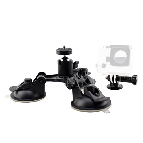 SIM&NAT Professional Triple Cup Suction Mount for Gopro Hero 4 Gopro Hero 3 ,Firm 3 Sucker Suction Cup Mount for Car Window Windshield with Tripod mount and 360 Degree Tripod Ball Head Mount,Black