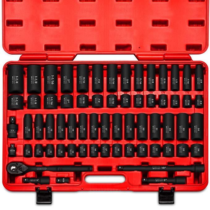 Neiko 02448A 1/2-Inch Drive Impact Socket Master Set with Adapters and Ratchet Handle, 65-Piece | Deep and Shallow Sockets | SAE (3/8" to 1-1/14") Metric (10-24 MM)