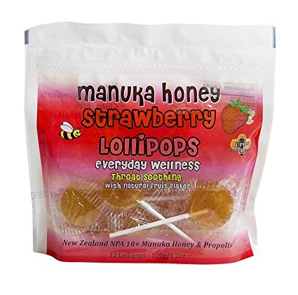 Pacific Resources Strawberry Manuka Honey Lollipops with Bee Propolis, 12 Count