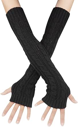 Bellady Womens Winter Warm Over Elbow Long Fingerless Thumb Hole Gloves Mittens Knitted Arm Warmer