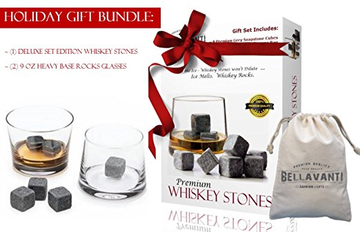 GIFT BUNDLE - THE Best Whiskey Stones Gift Set For Iceless Chill For Your Drink without Diluting or Watering Down - 9 Scotch Chilling Rocks & 2 Tumbler Glasses - Soapstone Sipping Cubes