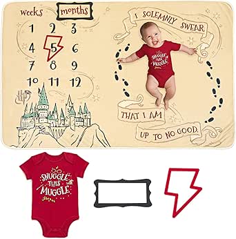 Harry Potter Baby Bodysuit and Monthly Milestone Blanket 4 Piece Newborn