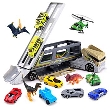 Veken Toy Truck Transport Car Carrier Truck Toys with 4 Dinosaurs & Race Cars, 1 Helicopter, Police Car, Ambulance, Jeep, Tank Mega Vehicle Toys Set, Great Gift for Boys Girls