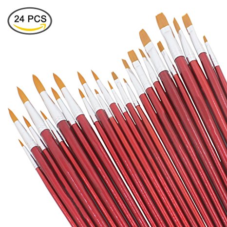 Nylon Paint Brushes Set, DaKuan 24 pcs Premium Acrylic Brush Pen Bulk, Round and Flat Type, Painting Brush Kits for Artist, Kids, Classroom
