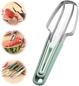 Fruit Cutter 3-in-1 Watermelon Slicer 2024 New Stainless Steel Fruit Slicer Watermelon Fork Slicer Cutter Slicer Tool Portability Fruit Forks Slicer Knife Melon Cutter Quickly Fruit Cutter (Green)