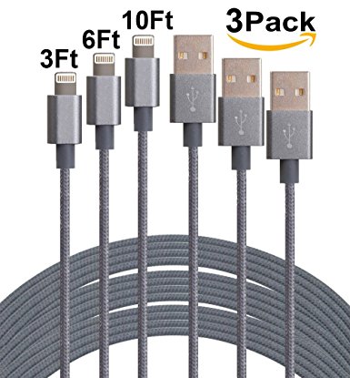 SEGMOI(TM) 3Pack 3FT 6FT 10FT Extra Long Durable Nylon Braided Lightning 8Pin To USB Charging Cable Cord Lead With Aluminum Heads For iPhone 6/6s/6 Plus/5/5c/5s, iPad 4 Mini Air iPod Nano 7 iPod Touch 5 (Grey)