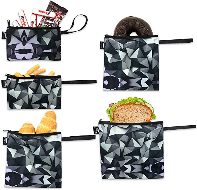 Nordic By Nature Reusable Sandwich Bag Snack Bags - Value Pack of 5 Dual Layer Lunch Baggies - Dishwasher Safe - Eco Friendly Cloth Wraps - Easy Open Zipper For Kids (Black Mosaic)