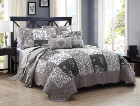5 Piece Queen Francine Taupe/Gray Quilt Set