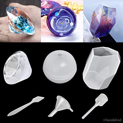 Kare & Kind Polymer Clay/Resin Epoxy Molds - Set of 3 Silicone Shapes - Crystal/Diamond/Sphere - Create Your Own Clear or Opaque Objects - Easy to Remove After Molding - Soft, Durable, Reusable