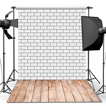 ANVOT Photography Backdrop, 5x7 ft White Brick Wall Wood Floor Backdrop For Studio Props Photo Backdrop