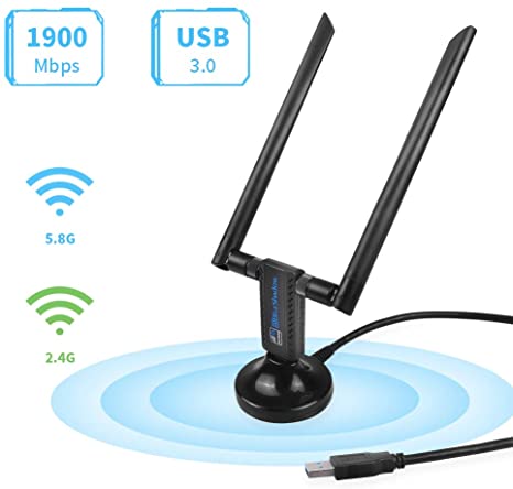 Blueshadow USB Wifi Adapter 1900Mbps for PC Games w/2x 5dBi External Dual-Band Antennas,5.8GHz/1300Mbps 2.4GHz/600Mbps,USB 3.0 Cradle for Desktop Laptop PC Windows 10/8.1/8/7/XP,MAC(Upgrade with 4 PA)