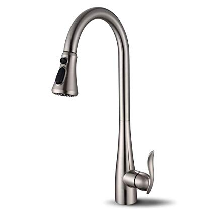 FRANSITON Kitchen Faucet Single Level Stainless Steel Spot Resist Lead-free Modern Commercial Single Handle Pull out Faucet with 60cm Faucet Supply Lines,Nickel Plating