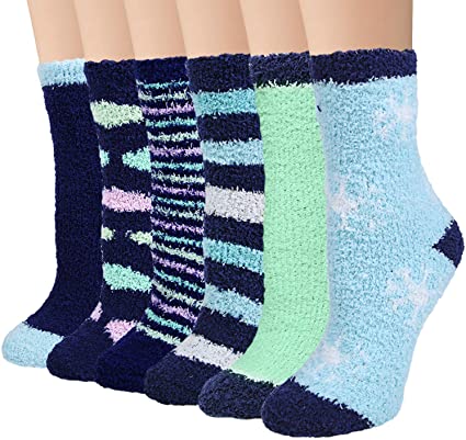 6 Pairs Womens Cozy Soft Fuzzy Socks - Fluffy Crew Slipper Socks