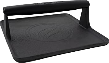 Blackstone 5554 Pre-Seasoned Signature Cast Iron Griddle Grill Press XL Extra Wide Base Heavy Duty-Meat, Burger, Bacon, Steak, Sausage Heat Resistant Handle-10” x 10” x 4” (Square), Black