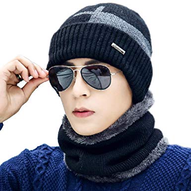 2-Pieces Beanie Hat Scarf Set Winter Warm Fleece Lined Skull Cap and Scarf for Men Women