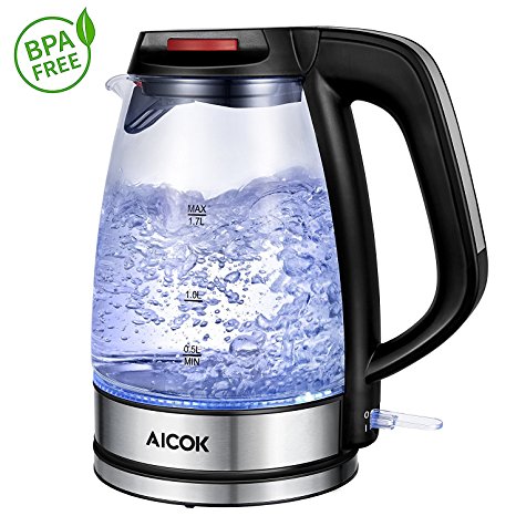 Aicok Glass Kettle Electric 3000W Fast Heating Kettles Electric, 1.7L Illuminating LED Cordless Glass Jug Kettle, BPA-Free