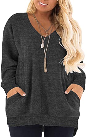 DOLNINE Women's Plus Size Sweatshirts Color Block Long Sleeve Pocket Shirts Tops